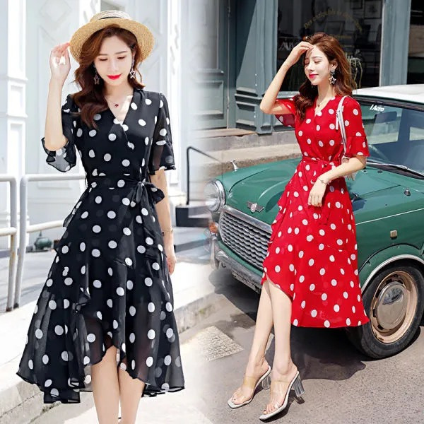Dress 2025 Summer New Women's Korean Design Niche Short-Sleeved Polka Dot Skirt Polka Dot Small Red