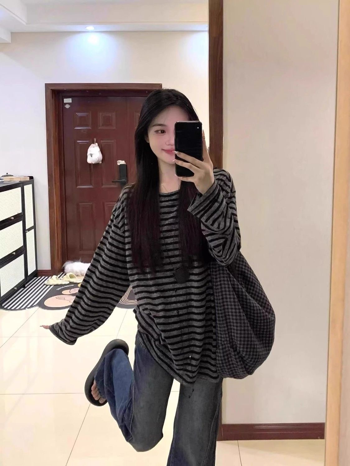 Corea relajado relajado negro gris rayas camiseta de manga larga para mujeres principios de otoño 2026 nuevo suelto vintage chaqueta en image 7