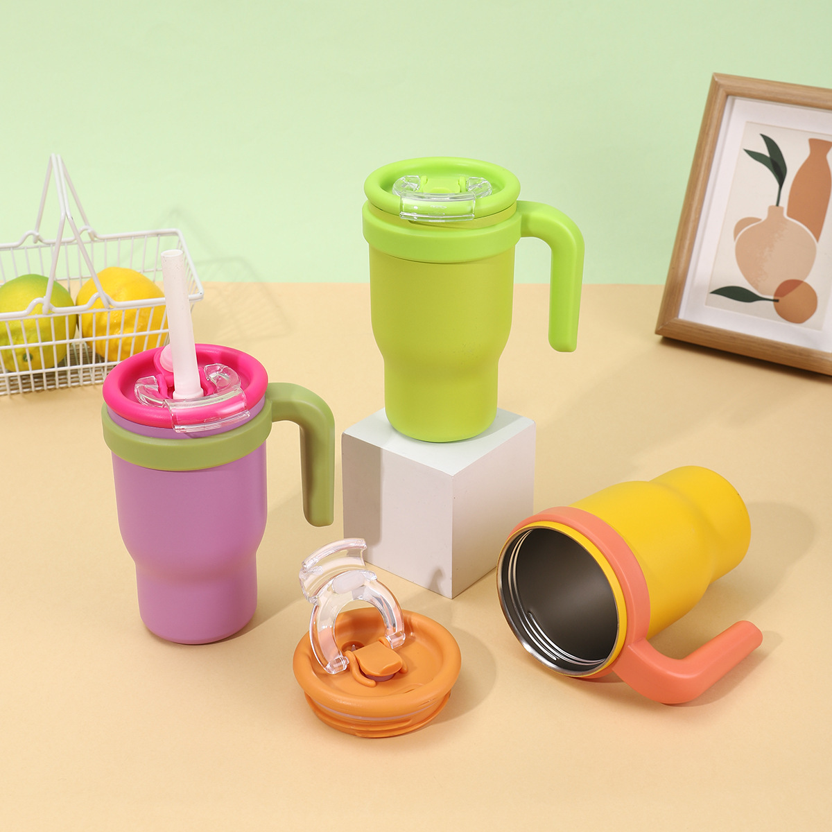 跨境14oz手柄冰霸杯高颜值304不锈钢保温杯户外便携车载吸管水杯