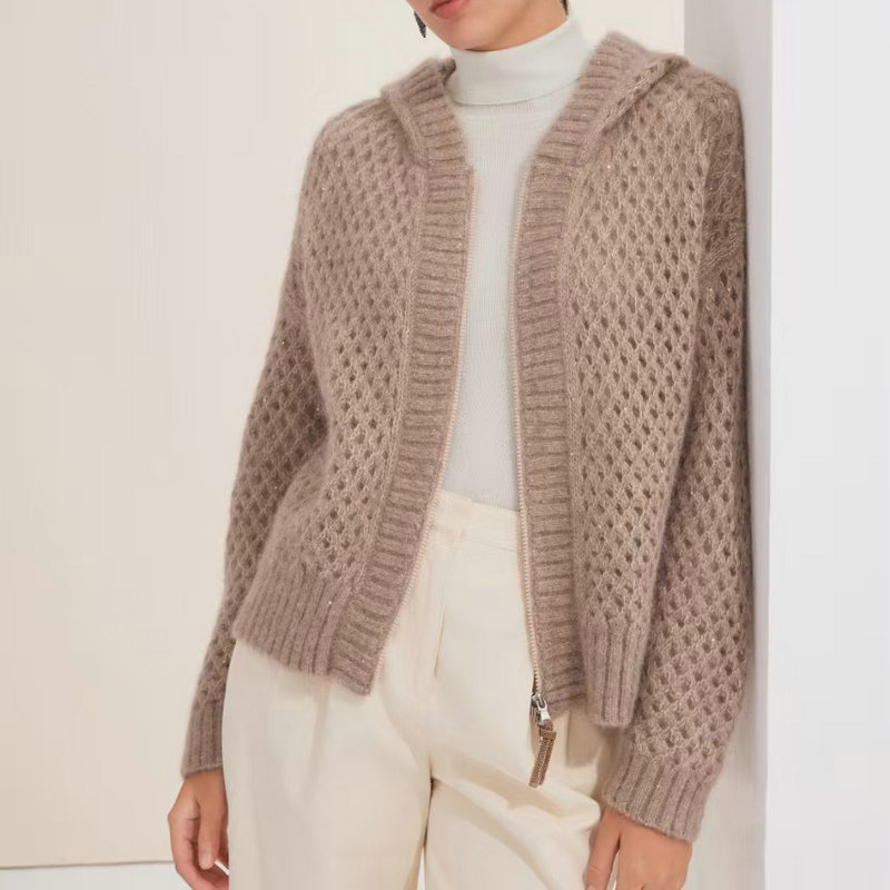 Cross-Border 25 Autumn and Winter New Bc Style Hooded Sequined Alpaca Cashmere Knitted Cardigan Cut Out Sweater Jacket for Women Cross-Border 25 Autumn and Winter New Bc Style Hooded Sequined Alpaca Cashmere Knitted Cardigan Cut Out Sweater Jacket for Women