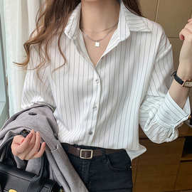 欧美跨境2025新款翻领上衣复古白色条纹衬衫女