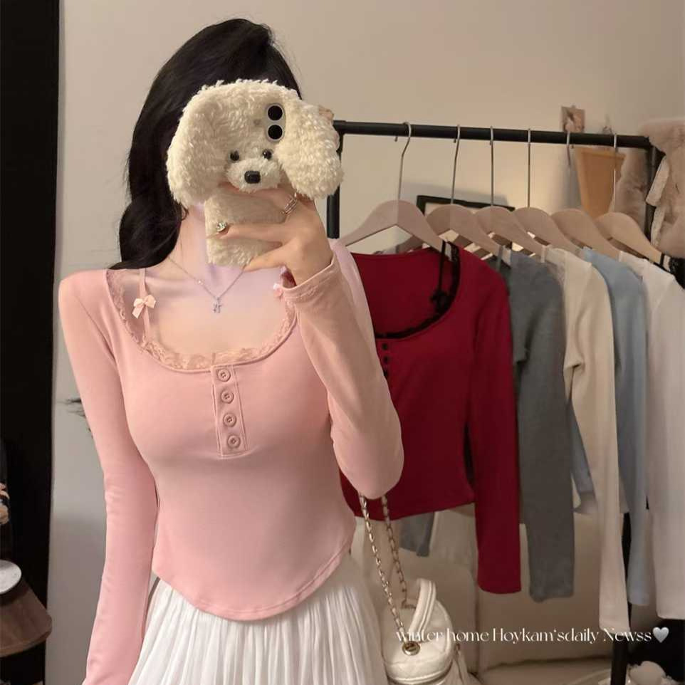 5046 # Autumn Pure Lust Style Fake Two-Piece Bow Shoulder Strap Brushed Long-Sleeved T-Shirt Slimming Look Women's All-In-One with Chest Pad