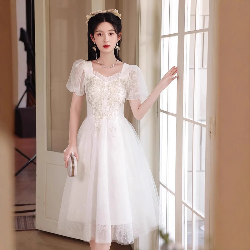 White French-Style Evening Dress for Women, Fashionable Banquet Gown with a Fairy-Like Elegance, Suitable for Summer, Everyday Wear, Graduation, and Adult Ceremonies
