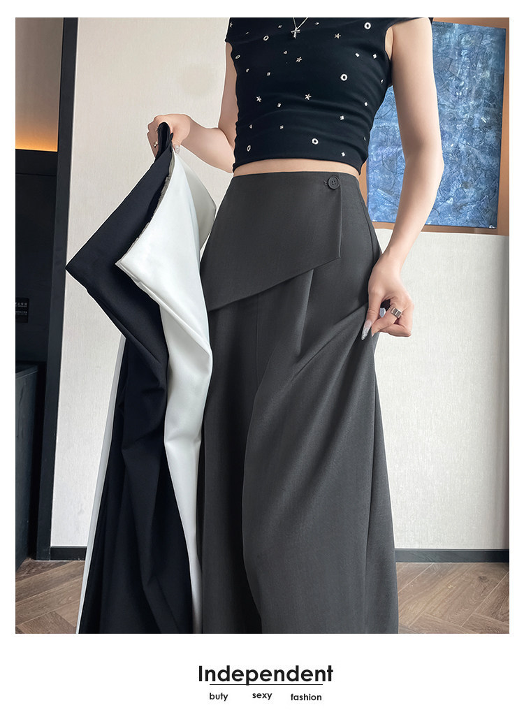 Quần culottes nữ ống rộng phối mảnh giả hai dây, cạp cao tạo dáng thon gọn — Xám kéo dài chi tiết 22