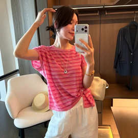 2026夏季新款欧货侧边打结条纹针织衫女宽松减龄百搭亚麻小衫上衣
