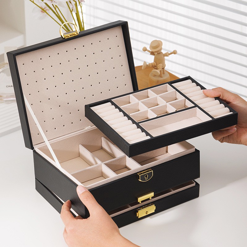Nueva gran capacidad de cuatro capas caja de joyería caja de almacenamiento de joyería de cuero hogar pendientes anillo caja de almacenamiento de joyería