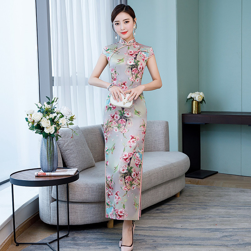 雙層側八扣短袖長款改良旗袍2025新款女走秀演出服裝廠家一件代發