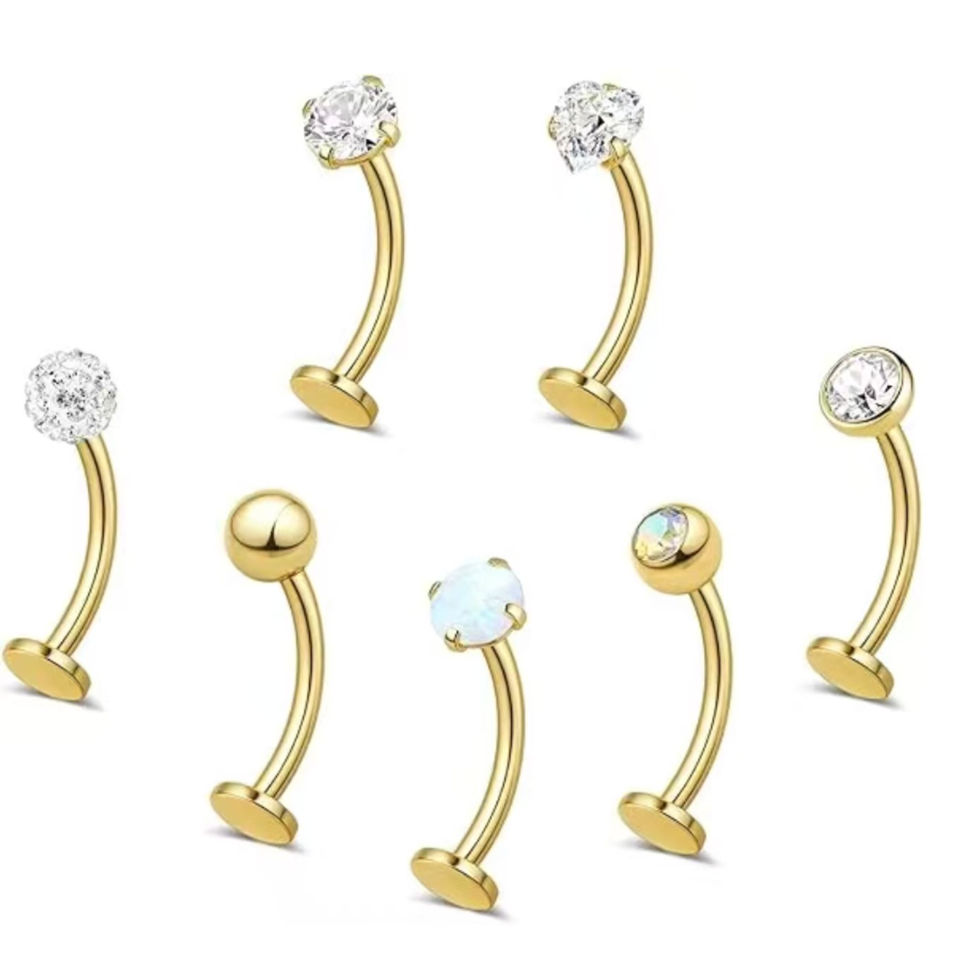 Modischer, grenzüberschreitender Bestseller: Gebogener Hantelring aus Edelstahl mit mehreren Diamanten, Piercingstecker, vom Hersteller leicht zu tragen_voghion.com