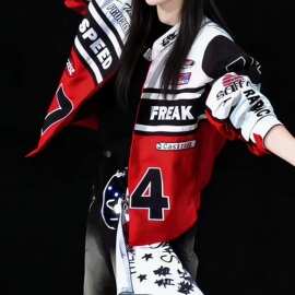 美式复古赛车风撞色机车棒球服2026新款男女潮牌印花短夹克外套女