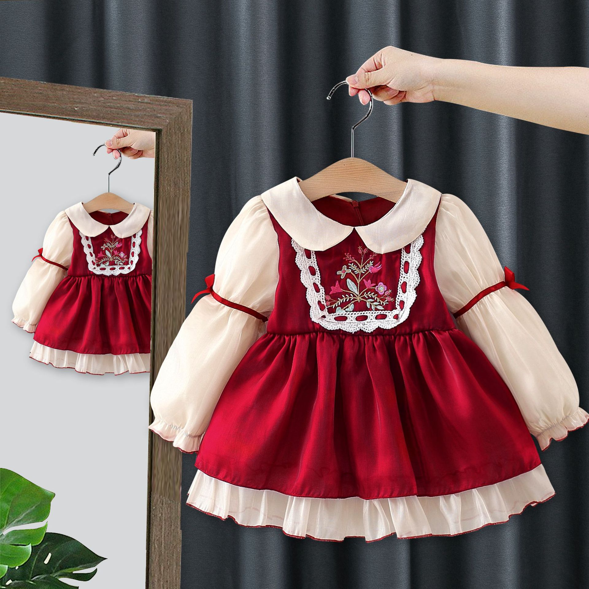 Syksyn uusi tyyli pienten tyttöjen elegantti prinsessamekko lasten liitospitsi pitkähihainen hame 4873_voghion.com