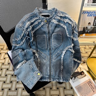New American Niche Retro Heavy Tassel Blanket Shoulder Pad Motorcycle Jacket Jacket Design Sense Short Top for Men