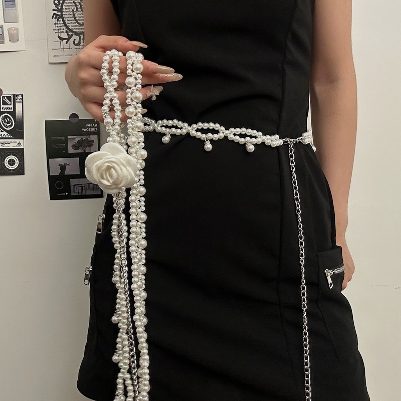 新しいパールビーズ椿ウエストチェーンベルトと漢服ファッション装飾ドレスニッチロングチェーンアクセサリー|undefined
