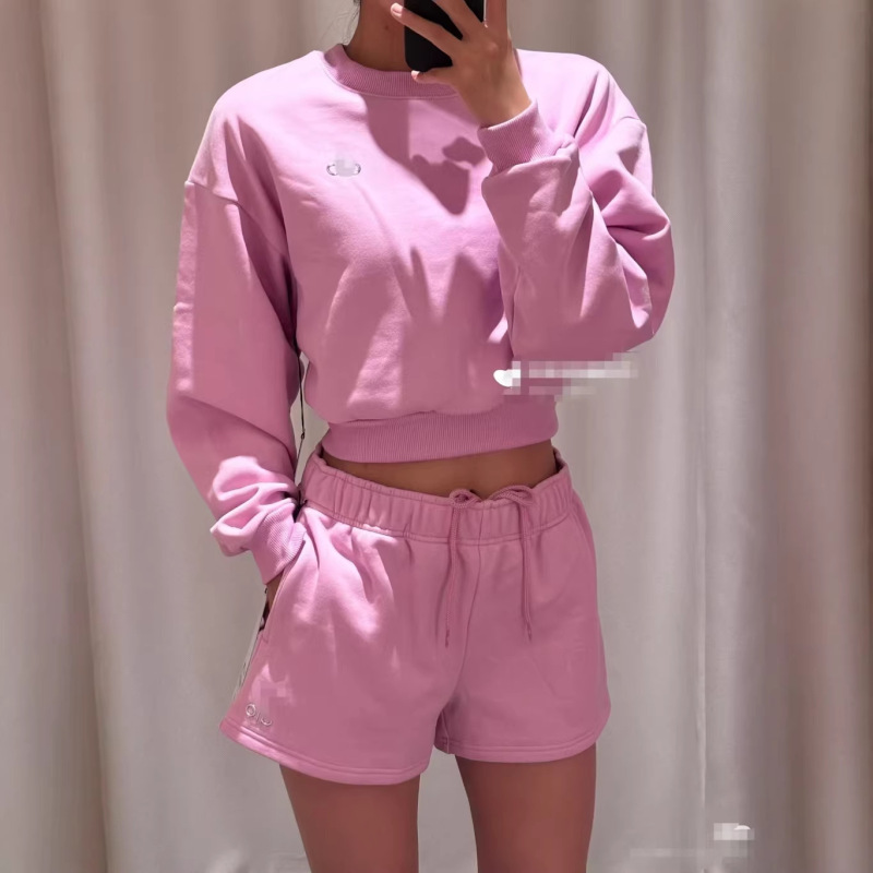 Alo26 Spring and Summer New Style Pure Cotton Terry Short Crop Top Round Neck Long-Sleeved Sweatshirt + Drawstring Shorts Set for Women