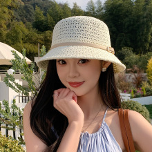 复古镂空针织透气帽子女法式皮带扣遮阳防晒渔夫帽海边沙滩太阳帽
