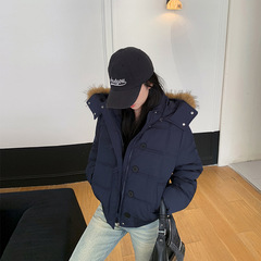冬季百搭藏青色连帽毛领短款棉衣棉袄女新款保暖加厚羽绒棉服外套