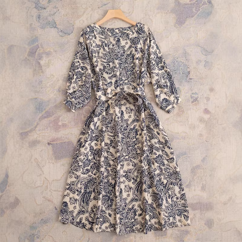Shenzhen Nanyou Old Money Style Lp Vintage Print Silk Dress with Three-Quarter Sleeves and Belt for Cross-Border Trade