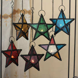 欧式铁艺五角星彩色压花玻璃蜡烛台圣诞派对节日氛围感装饰小吊灯
