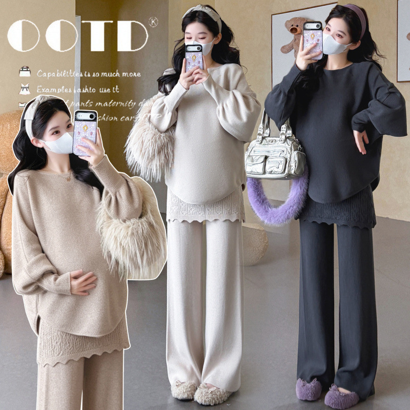 Maternity autumn outfit set, fashionable new casual lazy style knitted sweater with ruffle hem and wide-leg pants, spring and autumn two-piece set Maternity autumn outfit set, fashionable new casual lazy style knitted sweater with ruffle hem and wide-leg pants, spring and autumn two-piece set