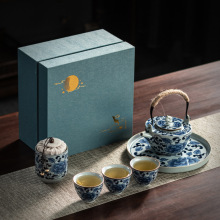 青花瓷仿古粗陶釉青花茶具套装礼盒礼品提梁壶陶瓷小套干泡盘