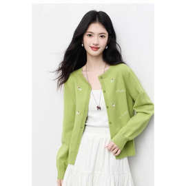 小猫刺绣毛针织衫女秋春季新款长袖圆领清新绿色开衫上衣