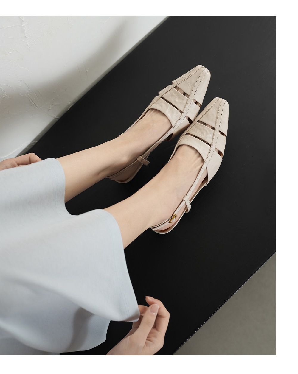 Sandal nữ da cừu gót thô quai ngang phong cách La Mã hở gót — đen chi tiết 7