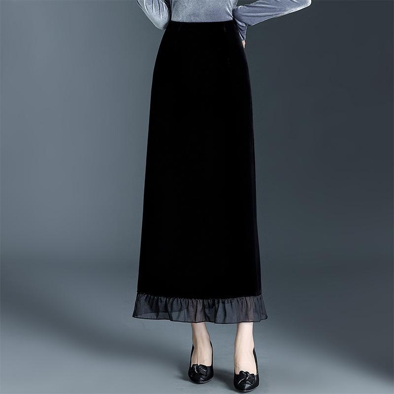 金丝绒长款通勤直筒裙垂感修身包臀一步裙2025秋季新款长款半身裙