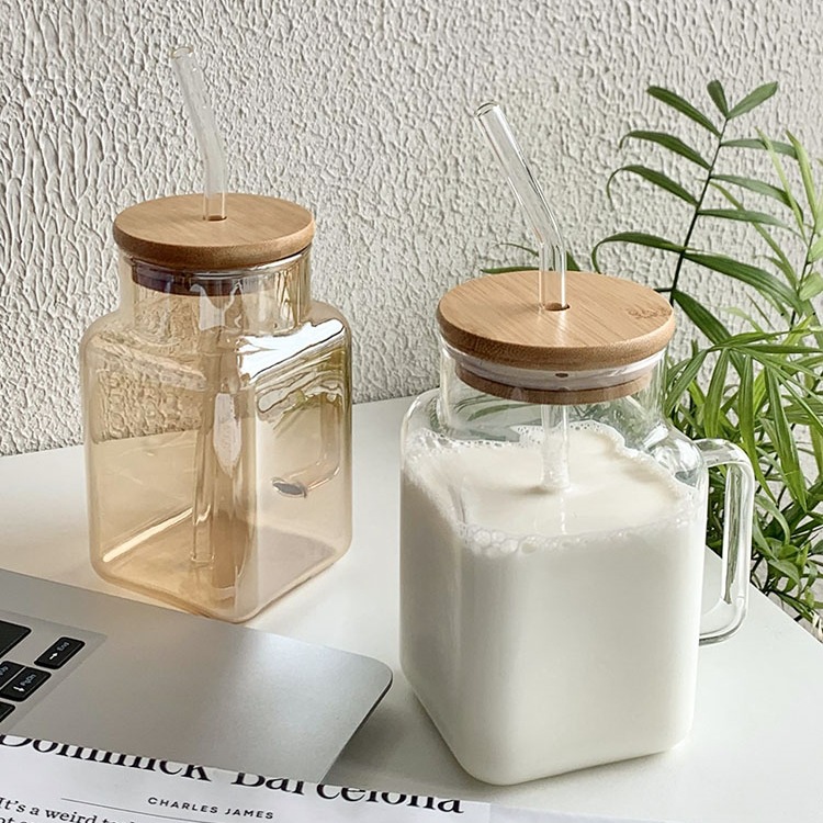 Taza de té con leche de vidrio transparente con mango Taza de vidrio simple y de gran capacidad con tapa Taza de paja de jugo de vidrio con alto contenido de borosilicato