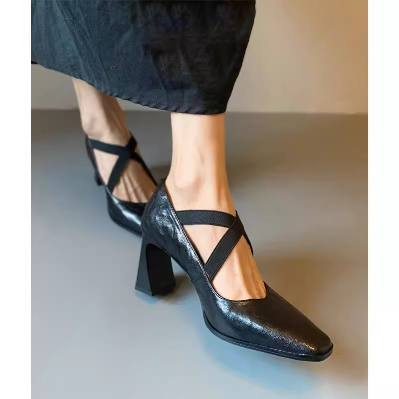 High-End Design Cross-Strap Elegant Single Shoes with Elastic Band, Versatile Fashion Shallow Leather Shoes for Spring 2026
