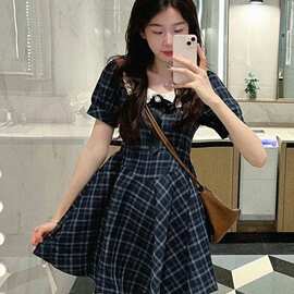 夏季新款学院风格纹少女感连衣裙女甜美减龄小个子娃娃领A字裙子