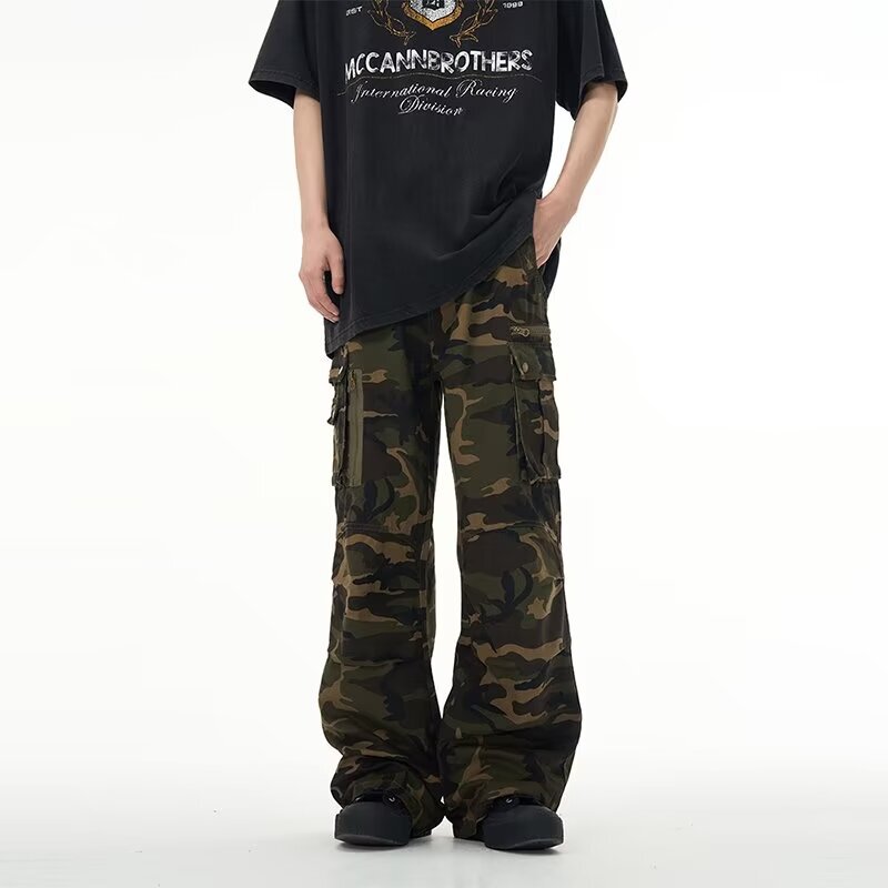 Factory Direct Sales Spring and Summer Niche Designer High Street Loose Casual Trousers Retro Washed Camouflage Jeans for Men