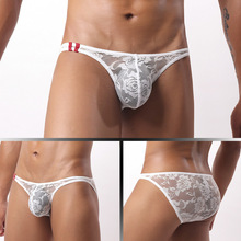 外贸GAY外贸男士低腰内裤情趣性感透气超弹柔蕾丝网纱三角裤