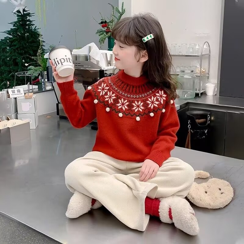 女童毛衣秋冬新款儿童圆领红色打底衫中大童百搭保暖套头针织衫潮