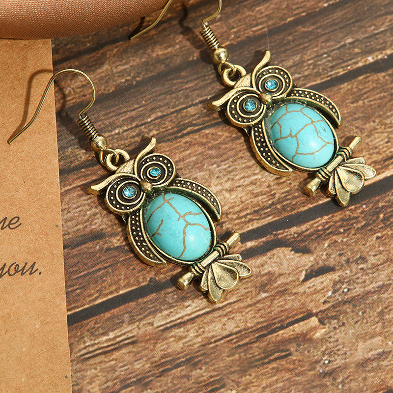 New European and American turquoise earrings retro owl factory direct earrings