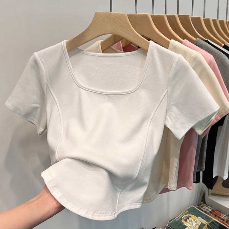 Square Neck, Right Shoulder, White Short-Sleeved T-Shirt for Women, Summer Curved Hem, Large Neckline, Slim Fit, Short Fishbone Top