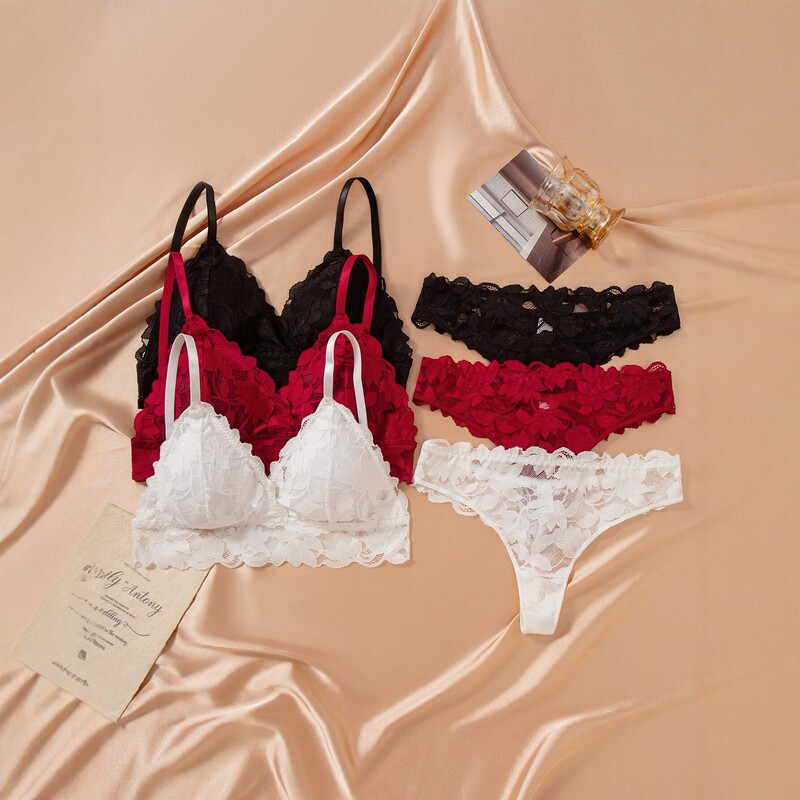 French Lace Wireless Bra Set, Push-Up Sexy Small Bust Triangle Cup Bra and Panty Two-Piece Set
