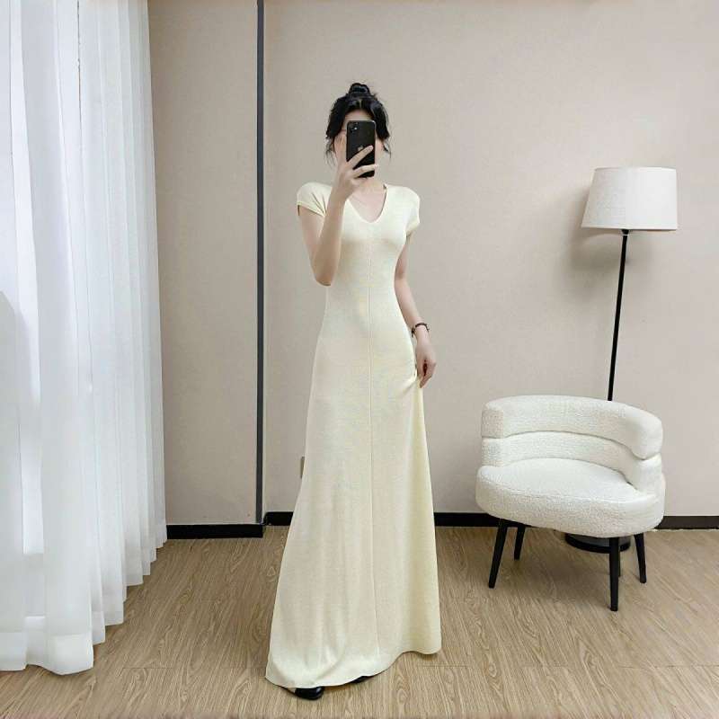 Long V-Neck Slim-Fit A-Line Dress with Small Flutter Sleeves in Ice Silk, Elegant and Floor-Length Long V-Neck Slim-Fit A-Line Dress with Small Flutter Sleeves in Ice Silk, Elegant and Floor-Length