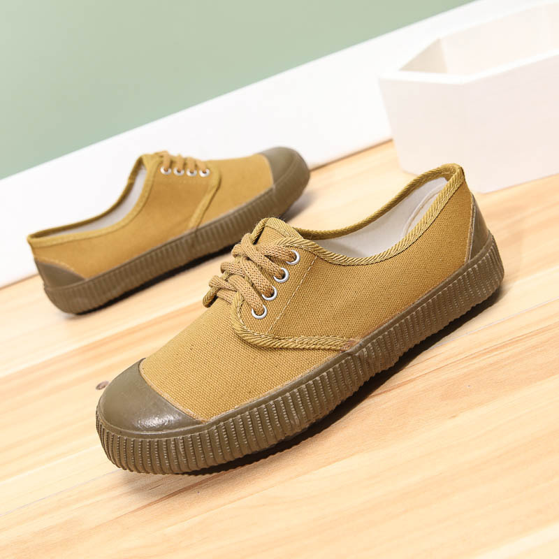 Lace-Up Men's Low-Top Liberation Shoes, Labor Protection Training Shoes, Yellow Rubber Shoes for Filming, Sneakers for Work, Durable Canvas Shoes