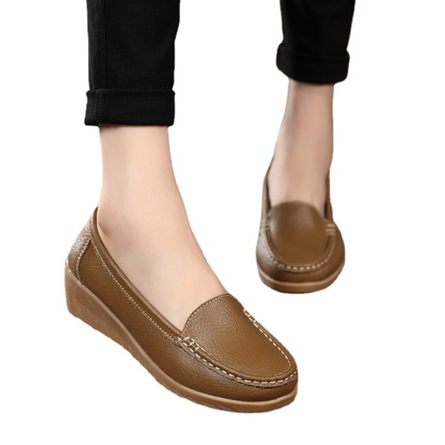 New Spring and Autumn Cow Leather Wedge Nurse Shoes Casual Mom Shoes Leather Shoes Flat Single Shoes Women's Medium Heel Women's Shoes