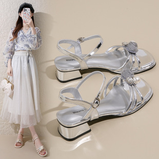 French Thick Heel Sandals for Women 2025 New Summer Fashion Rhinestone Fairy with Skirt Elegant One-Line Roman Shoes