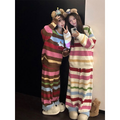 韩系ins风条纹半边绒睡衣女款秋冬季加厚保暖家居服针织毛衣套装