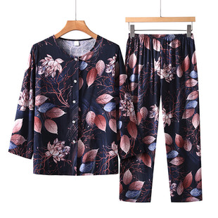 Mom's Summer Long-sleeved Trousers Plus Size Suit for the Elderly Home Loose Casual Two-piece Suit for Middle-aged and Elderly Silk Pajamas