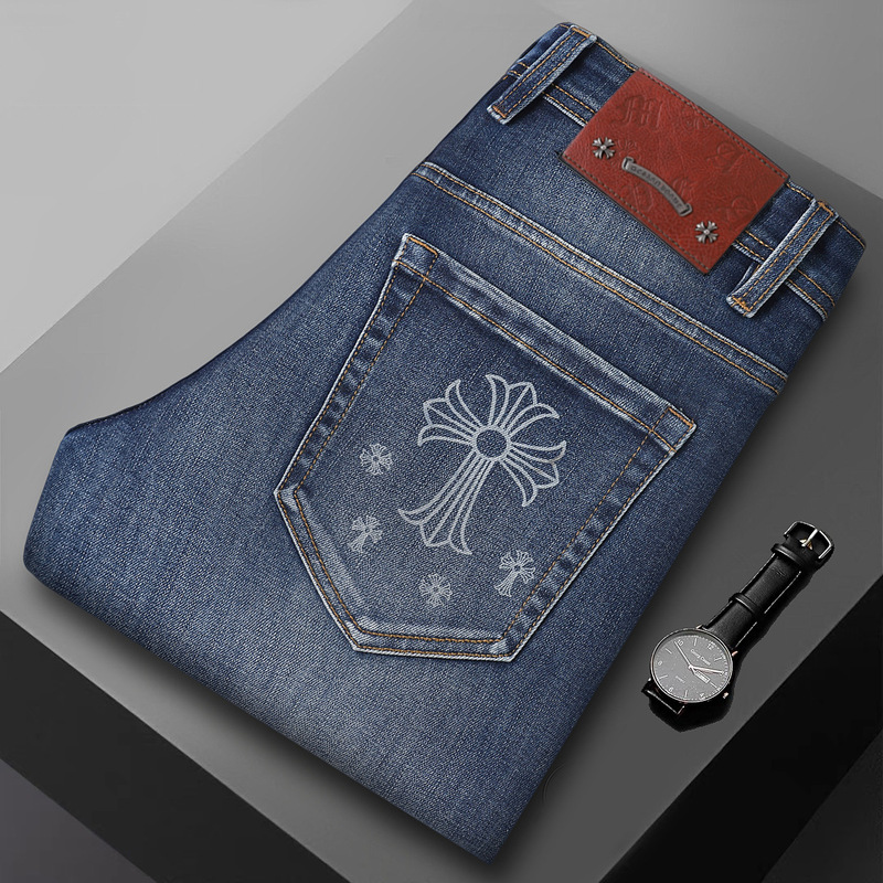 European Trendy Brand Printed Jeans for Men, Versatile Slim-Fit Straight Elastic Long Pants, Cross-Border 2025 Autumn and Winter New Style