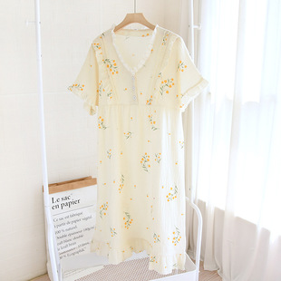 Cotton Gauze Short-sleeved Nightgown Women's Woven Crepe Lace Sweet Princess Home Clothes Spring and Summer Cotton Lightweight Breathable