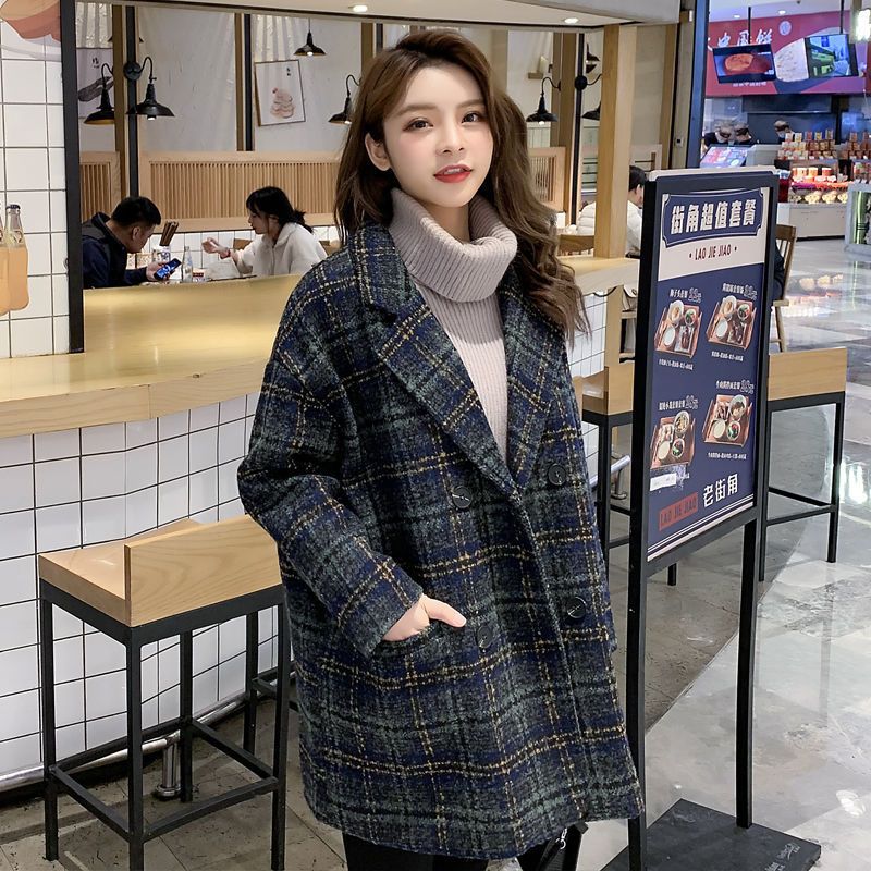 加棉/不加棉毛呢格子外套女中长款2023秋季新款流行宽松呢子大衣