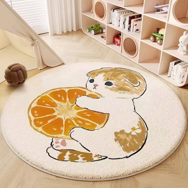 카아이 고양이 모양의 캐시미어풍 원형 만화 침실 침대 옆 담요, 실내 크롤링 매트, 가정용 바닥 매트, 두꺼운 보온 바닥 매트