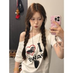 Sweet Hot Girl 斜め肩ワンラインカラー半袖 T シャツ女性用夏の愛の子犬プリントデザインルーズ痩身トップ