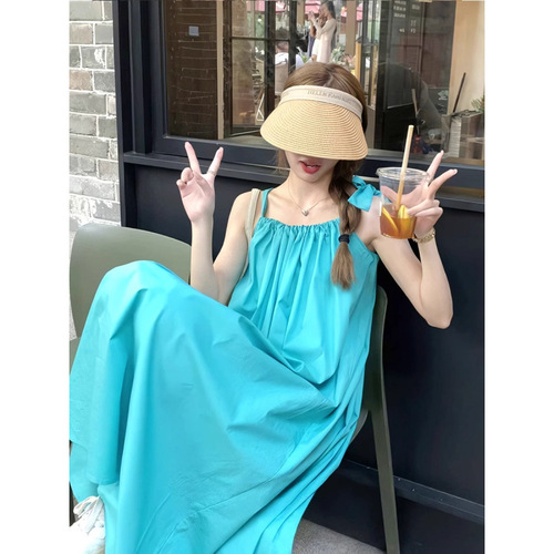 Women's Summer Loose and Slimming A-line Dress with Shoulder Straps, Blue Medium-length Vacation Style Belted Dress, 2025