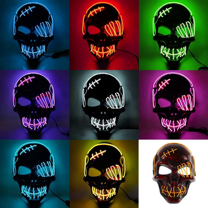Hot sale horror Halloween LED máscara de esqueleto fiesta luminosa luz de neón LED camuflaje esquina facial