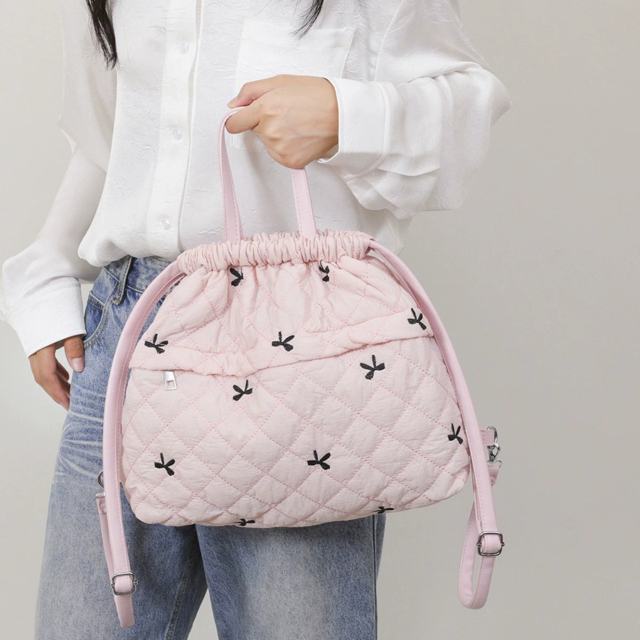 Stylish Quilted Drawstring Backpack with Bow, Shoulder, One-Shoulder, and Bucket Bag Options