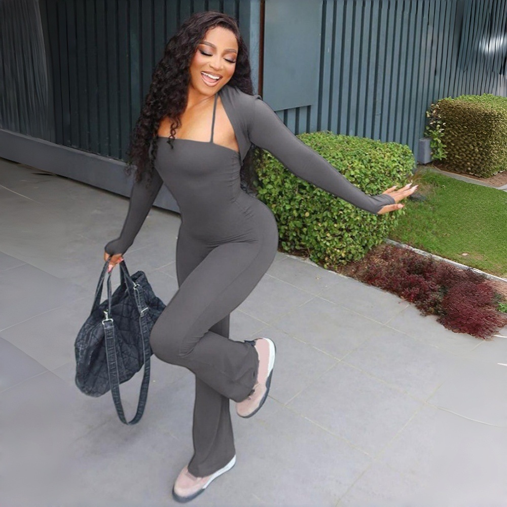 In-Stock African Popular One-Piece Outfit Set with Long-Sleeve Shawl, Bb Nylon High-Elastic Yoga Jumpsuit with Flared Pants for Women